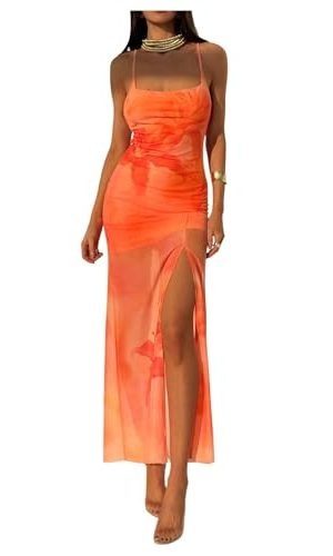 Women Floral Split Thigh Mesh Cami Dress Sexy Open Back Spaghetti Strap Maxi Dresses