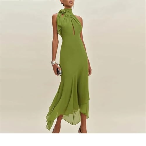 Woman Elegant Tie-Up Ruffle Irregular Sexy Solid Slim Fit Long Backless Hollow Party Dress