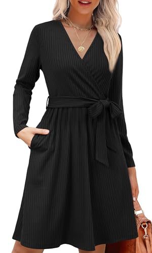 Womens 2025 Fall Dresses Teacher Church Business Casual Work Outfits Knit Midi Sweater Pockets Belt Dress
