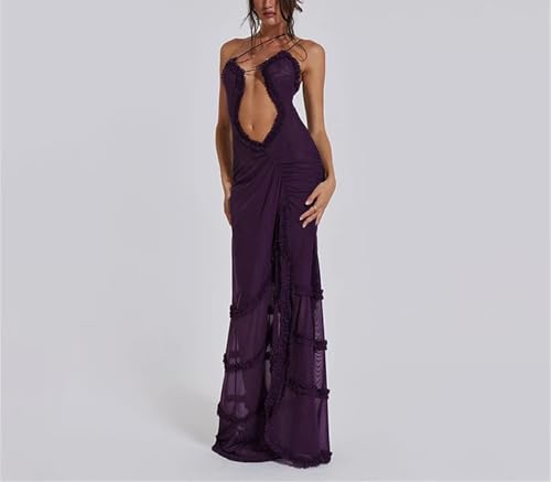 Women's Furry Halter Dress - Hollow Camisole Split Wave Prom Gown