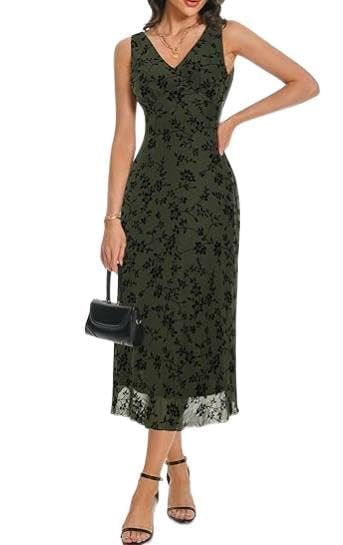 Women's Elegant V Neck Sleeveless Long Dress Double Layers Floral Mesh Maxi Dress Summer Casual Wedding Guest Outfits