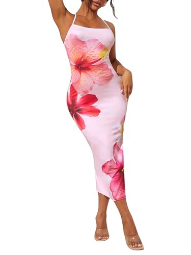 Women's Summer Floral Maxi Dress Sexy Backless Sleveless Bodycon Long Dresses