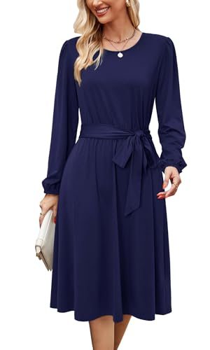 Womens Long Sleeve Casual Dresses 2025 Business Work Teacher Fall Church Belted A Line Flowy Midi Dress