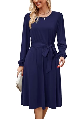 Womens Long Sleeve Casual Dresses 2025 Business Work Teacher Fall Church Belted A Line Flowy Midi Dress