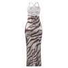 Women’s Spaghetti Strap Lace-up Maxi Dress Zebra Print Sleeveless Bodycon Long Party Dress