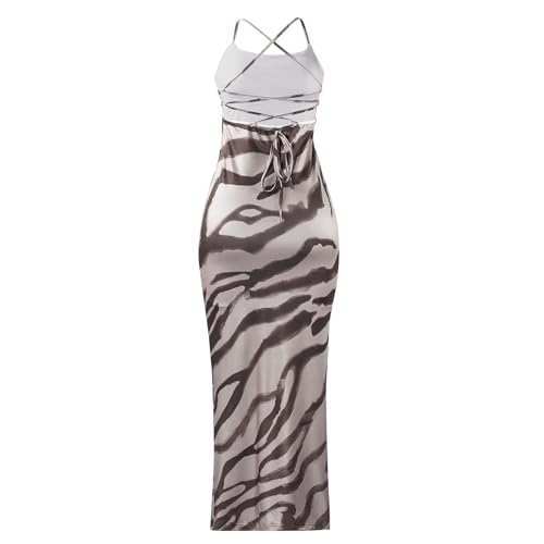 Women’s Spaghetti Strap Lace-up Maxi Dress Zebra Print Sleeveless Bodycon Long Party Dress