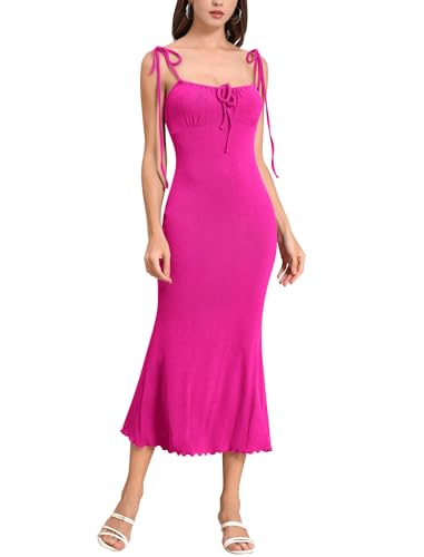 Womens Tie Shoulder Drawstring Ruched Bust Mermaid Hem Cami Slip Dress Bodycon Maxi Evening Party Dress