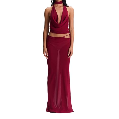 Women Y2k 2 Piece Maxi Skirt Set Boho Floral Slim Fit Tops Mesh Flowy Long Skirt Summer Beach Sheer Outfits