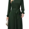 Womens Long Sleeve Casual Dresses 2025 Business Work Teacher Fall Church Belted A Line Flowy Midi Dress