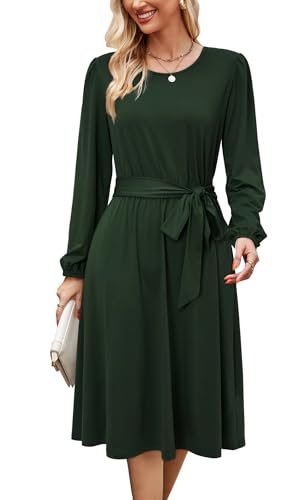 Womens Long Sleeve Casual Dresses 2025 Business Work Teacher Fall Church Belted A Line Flowy Midi Dress