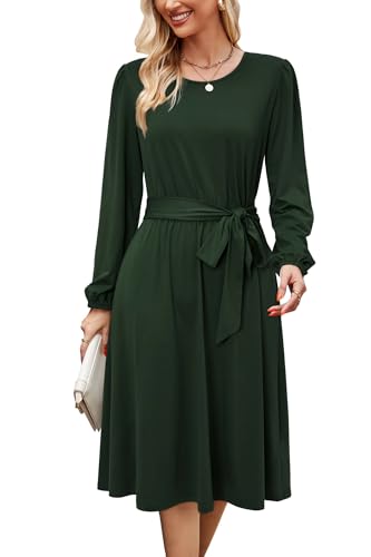 Womens Long Sleeve Casual Dresses 2025 Business Work Teacher Fall Church Belted A Line Flowy Midi Dress