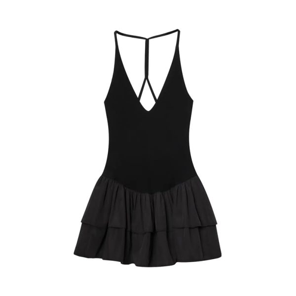 Women's Hanging Neck Spaghetti Straps Dress Deep V-Neck Puffy A-Line Mini Dresses
