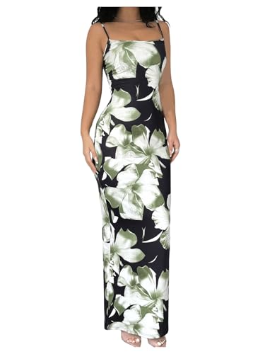 Women's Holiday Floral Print Bodycon Maxi Dress Backless Summer Cami Dress