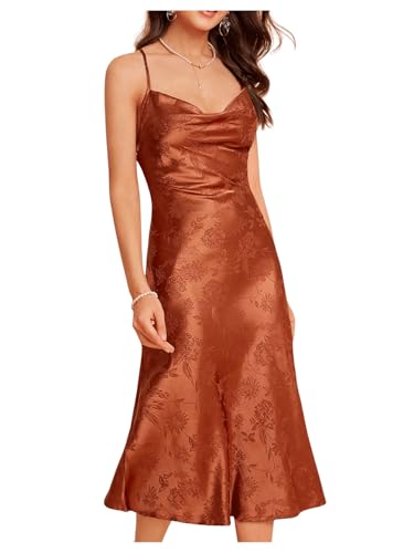 Women's Spaghetti Strap Cowl Neck Long Slip Satin Silk Midi Dress