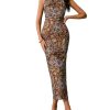 Women's Floral Leopard Twisted Mesh Dress Sleeveless Bodycon Long Cocktail Dresses