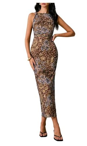 Women's Floral Leopard Twisted Mesh Dress Sleeveless Bodycon Long Cocktail Dresses
