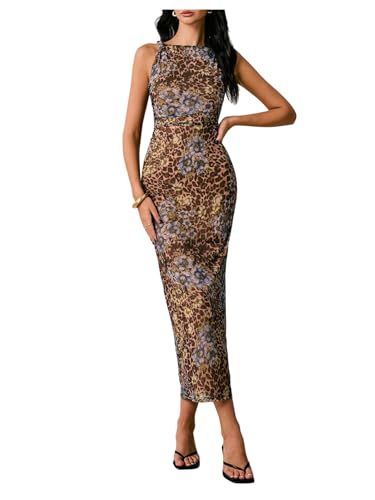 Women's Floral Leopard Twisted Mesh Dress Sleeveless Bodycon Long Cocktail Dresses