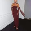 Women's Strapless Dress Set - Waist Slim Long Gown with Mesh Gloves Fluttering Belt