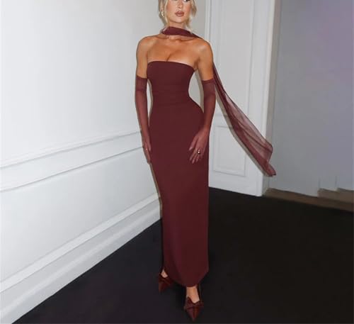 Women's Strapless Dress Set - Waist Slim Long Gown with Mesh Gloves Fluttering Belt