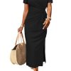 31ZEgVfjlFL.jpg Women 2025 Summer Casual Dress Tie Waist T Shirt Short Sleeve Beach Crew Neck Slit Maxi Trendy