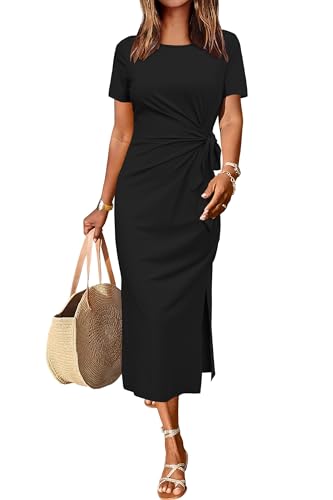 31ZEgVfjlFL.jpg Women 2025 Summer Casual Dress Tie Waist T Shirt Short Sleeve Beach Crew Neck Slit Maxi Trendy