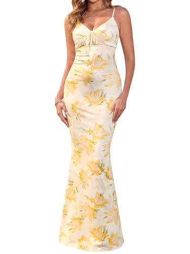 Women's Summer Floral Bodycon Maxi Dress Sexy V Neck Spaghetti Strap Lace Wedding Guest Party Casual Long Dresses