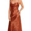 Women's Spaghetti Strap Cowl Neck Long Slip Satin Silk Midi Dress