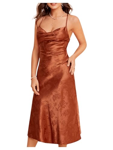 Women's Spaghetti Strap Cowl Neck Long Slip Satin Silk Midi Dress