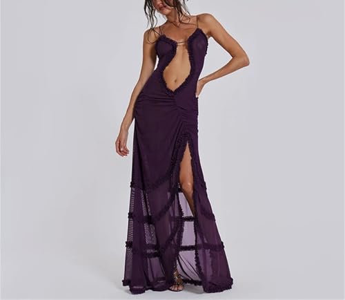 Women's Furry Halter Dress - Hollow Camisole Split Wave Prom Gown