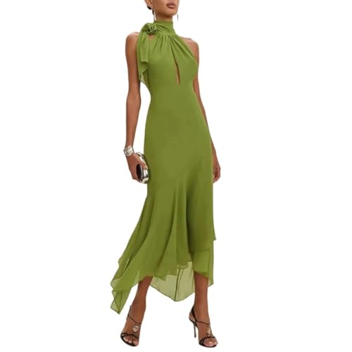 Woman Elegant Tie-Up Ruffle Irregular Sexy Solid Slim Fit Long Backless Hollow Party Dress