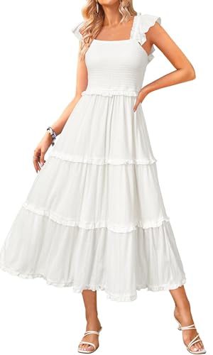 Women's 2025 Summer Wedding Guest Dress Ruffle Sleeve Smocked Square Neck Long Flowy Tiered Maxi Sundress