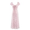 Women's Floral Bubble Sleeve A- Line V-Neck Dress Slimming Waist Long Holiday Dresses
