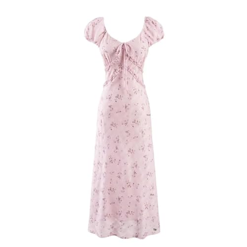 Women's Floral Bubble Sleeve A- Line V-Neck Dress Slimming Waist Long Holiday Dresses