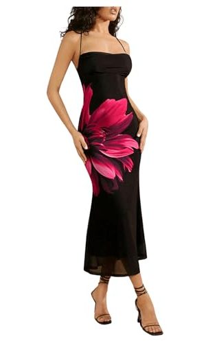 Women's Floral Print Mesh Dress Tie Backless Sleeveless Bodycon Long Cami Dresses