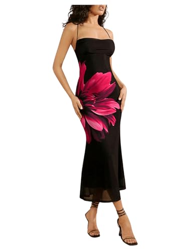 Women's Floral Print Mesh Dress Tie Backless Sleeveless Bodycon Long Cami Dresses