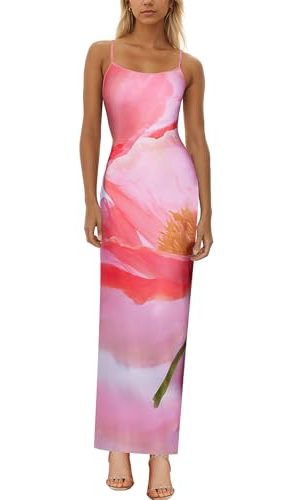 Women's Sexy Floral Print Maxi Dress Spaghetti Strap Backless Slim Flit Bodycon Long Dresses Party Night Going Out Outfits