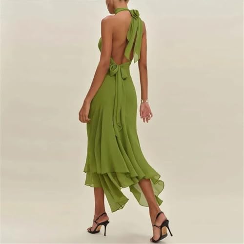 Woman Elegant Tie-Up Ruffle Irregular Sexy Solid Slim Fit Long Backless Hollow Party Dress
