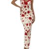 Women's Floral Print Sleeveless Cami Dress Lace Trim Slit Bodycon Long Dresses