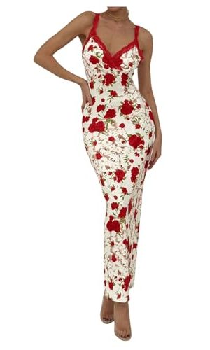 Women's Floral Print Sleeveless Cami Dress Lace Trim Slit Bodycon Long Dresses
