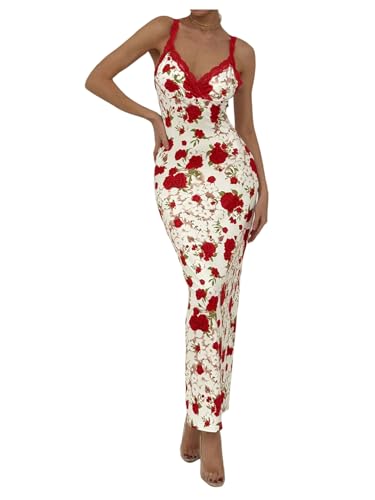 Women's Floral Print Sleeveless Cami Dress Lace Trim Slit Bodycon Long Dresses