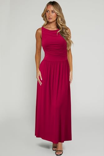 Women 2025 Summer Maxi Dresses Vacation Ruched Boat Neck Tank Flowy Elegant Party Long Formal Dress Pockets
