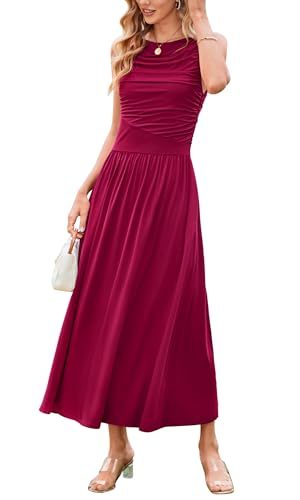 Women 2025 Summer Maxi Dresses Vacation Ruched Boat Neck Tank Flowy Elegant Party Long Formal Dress Pockets