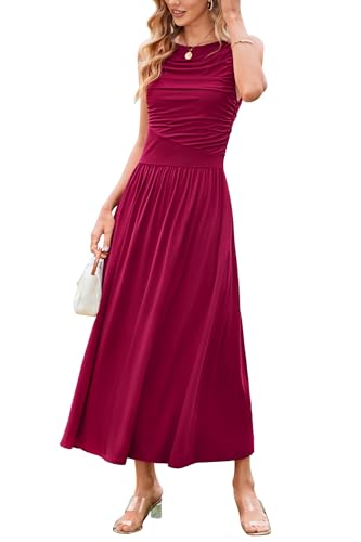 Women 2025 Summer Maxi Dresses Vacation Ruched Boat Neck Tank Flowy Elegant Party Long Formal Dress Pockets