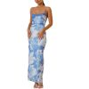 Women's Mesh Ruched Bodycon Dress Floral Spaghetti Strap Maxi Dress Stretch Sexy Backless Slip Long Dresses