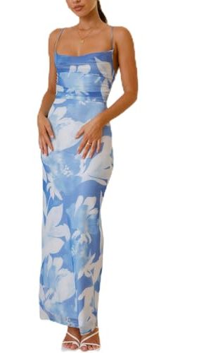 Women's Mesh Ruched Bodycon Dress Floral Spaghetti Strap Maxi Dress Stretch Sexy Backless Slip Long Dresses