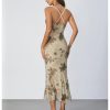 Women's Floral Print Cami Dress Cowl Neck Spaghetti Strap Bodycon Party Long Dresses