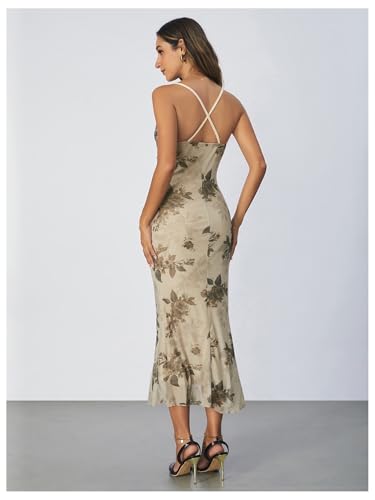 Women's Floral Print Cami Dress Cowl Neck Spaghetti Strap Bodycon Party Long Dresses