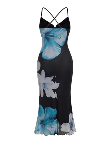 Women's Floral Print Bodycon Cami Dress Cowl Neck Spaghetti Strap Summer Long Dresses