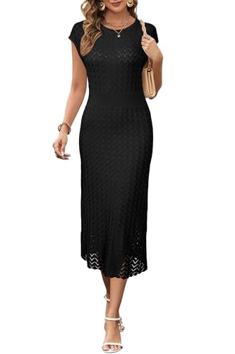 31i44dEfeZL.jpg Women Fall 2025 Teacher Outfits Church Midi Cap/Long Sleeve Hollow Knit Modest Business Casual Sweater Dress