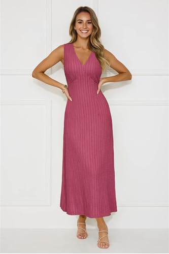 Womens 2025 Summer Wedding Guest V Neck Sleeveless Long Maxi A Line Empire Waist Elegant Formal Texture Dress